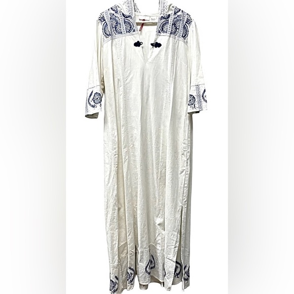 🌀Soft Surroundings Boho Embroidered Hooded Linen 3/4 Sleeves Caftan Maxi Sz M - Picture 6 of 9